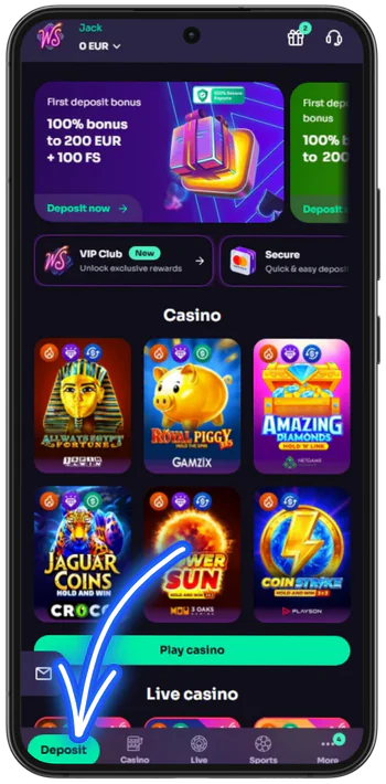 Crypto Casinos Einzahlung bei WinSpirit starten